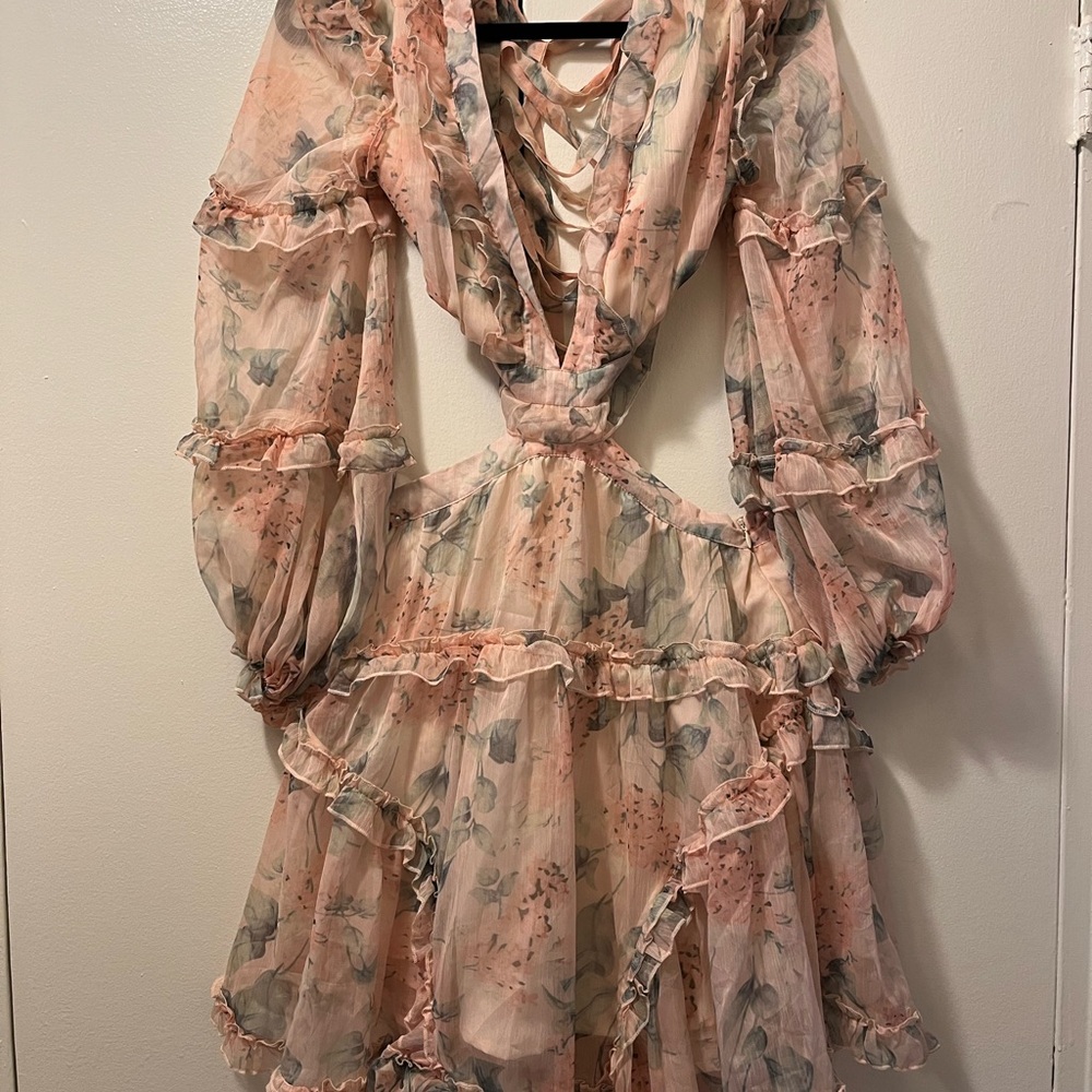 Floral Ruffle Dress with Lace-Up Detail